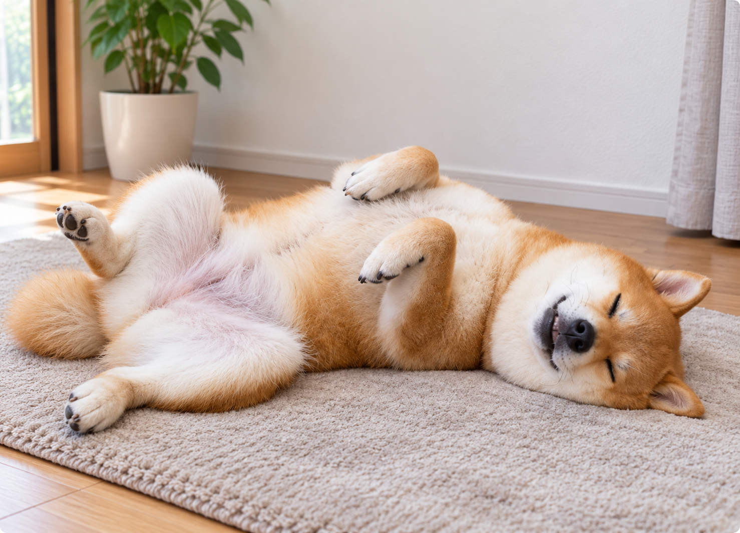 お腹を見せてへそ天でリラックスして眠る犬