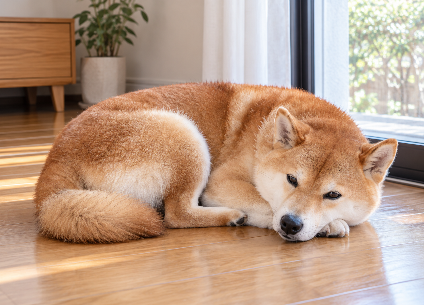 お気に入りのベッドで丸くなって眠る犬