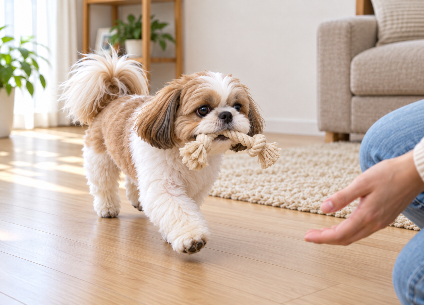 お気に入りのおもちゃを家族のところへ運ぶ犬