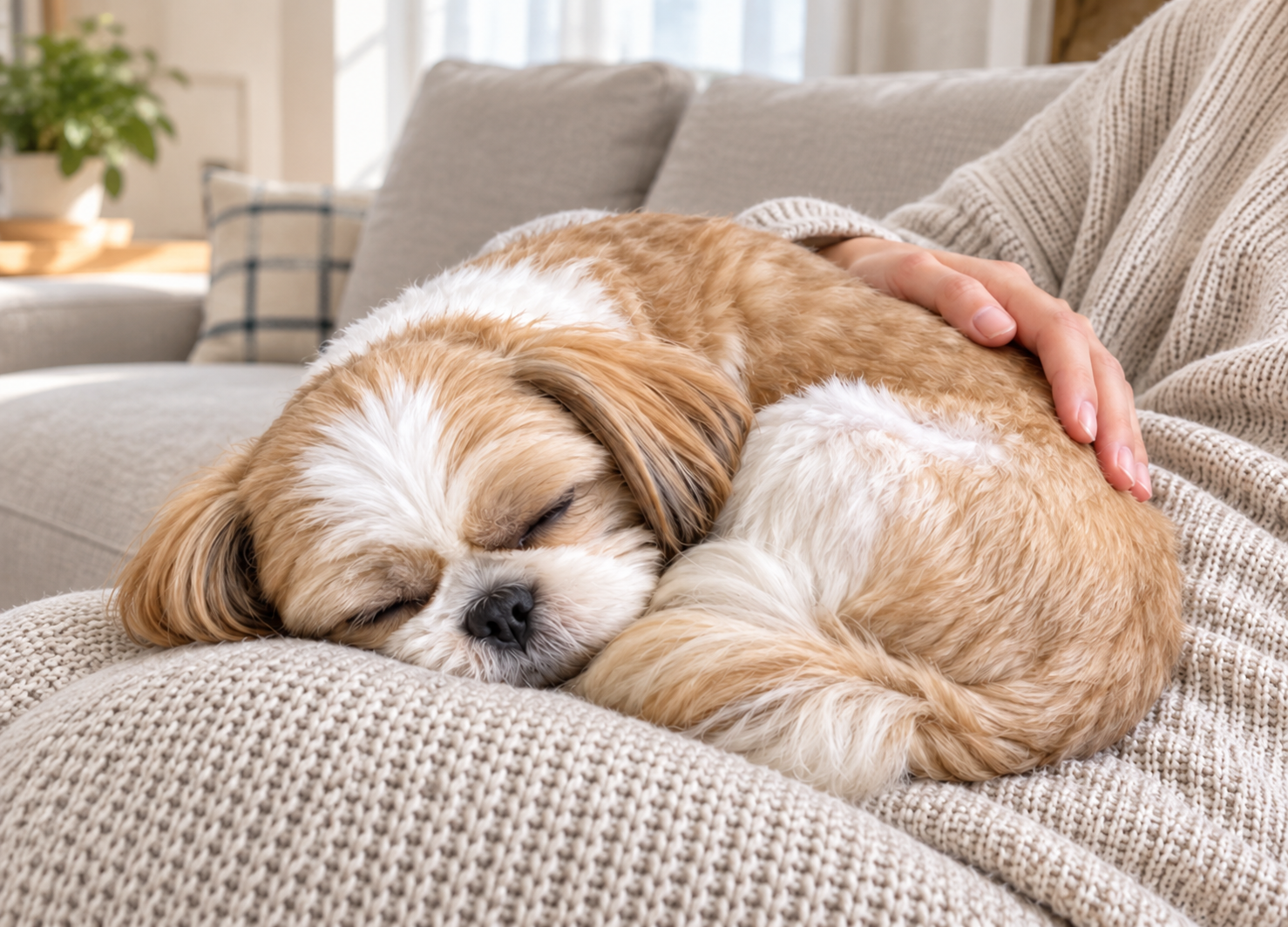 家族の膝の上で安心して丸くなる犬