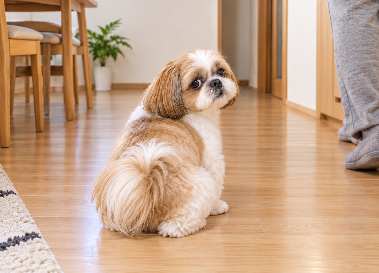 ごはんを準備する家族のあとをついてキッチンへ行く犬