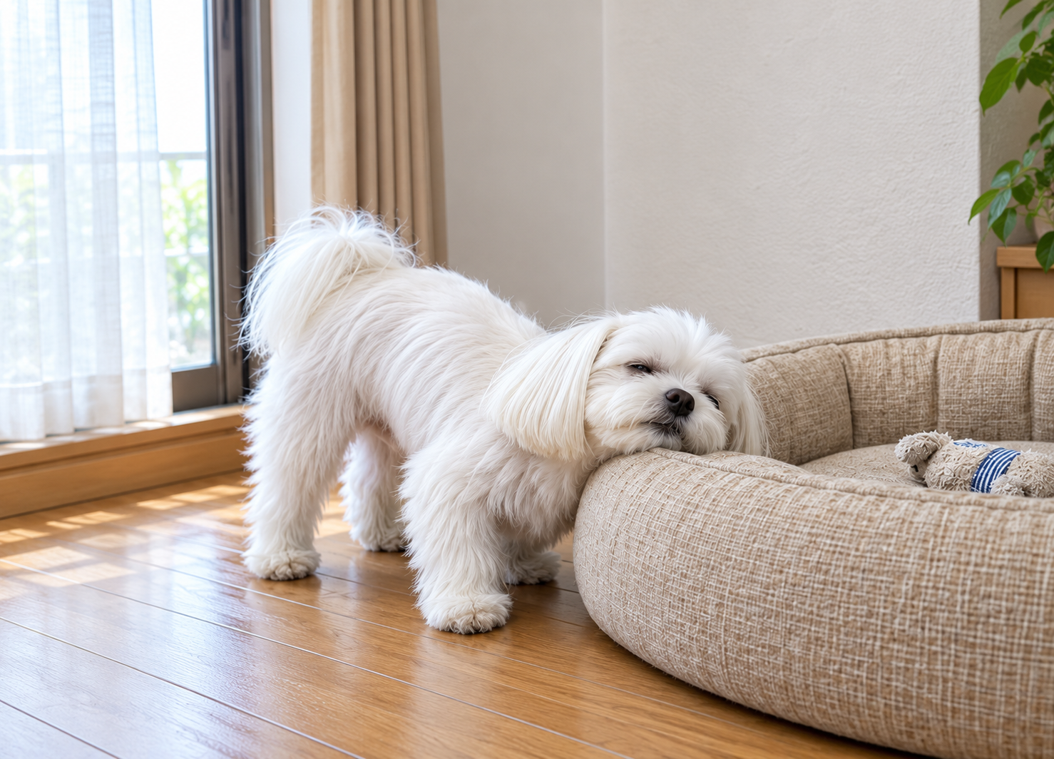 お気に入りのソファに体や顔をこすりつける犬