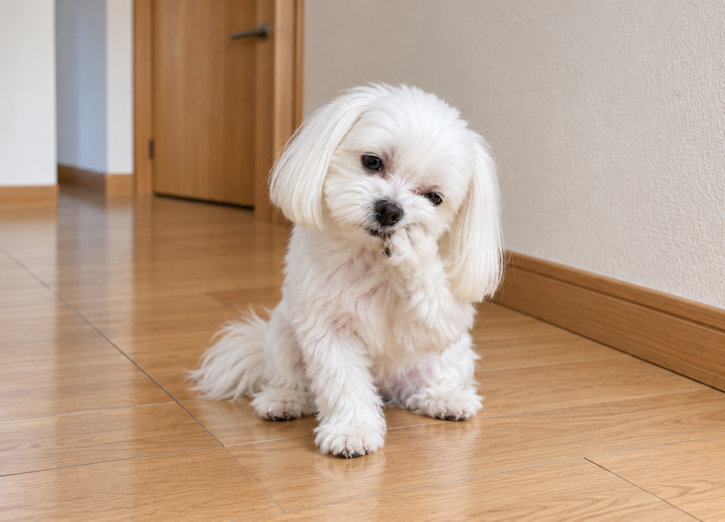 顔まわりを気にして前足で口元をかく犬