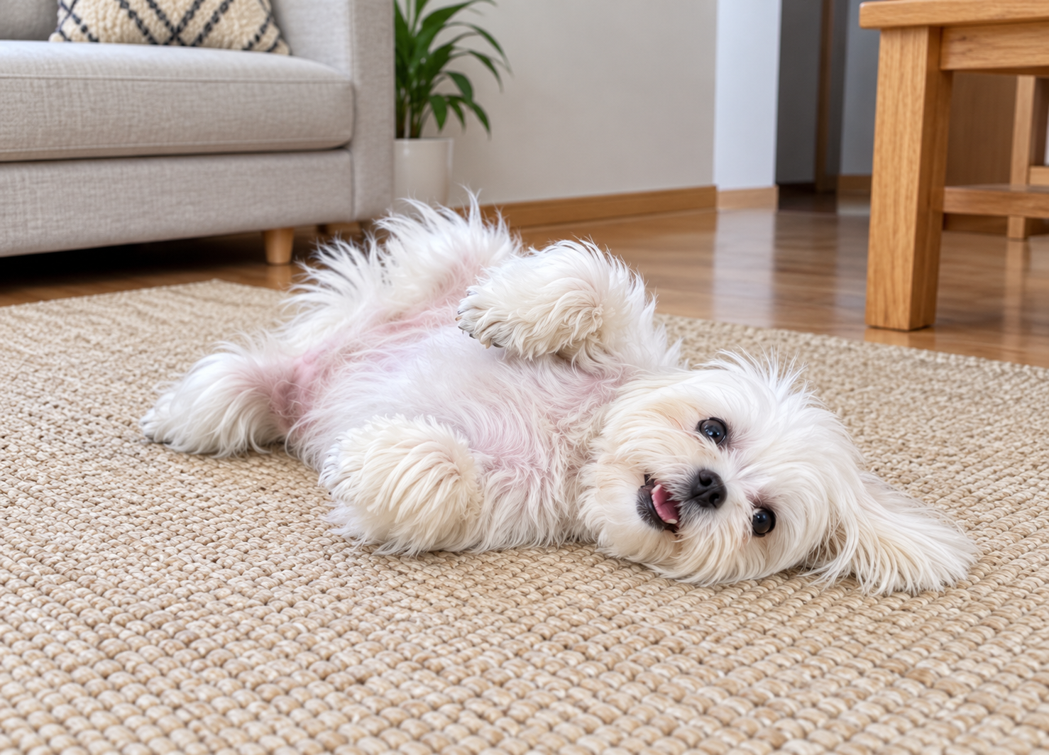 食後に床でリラックスしながら顔をこする犬