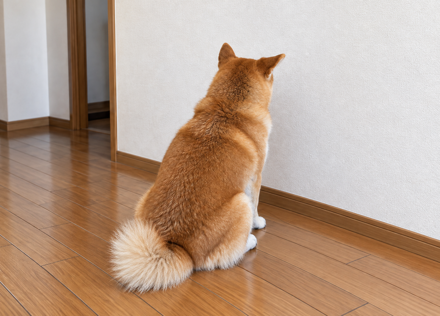 耳をピンと立てて壁の向こうの音に集中する犬