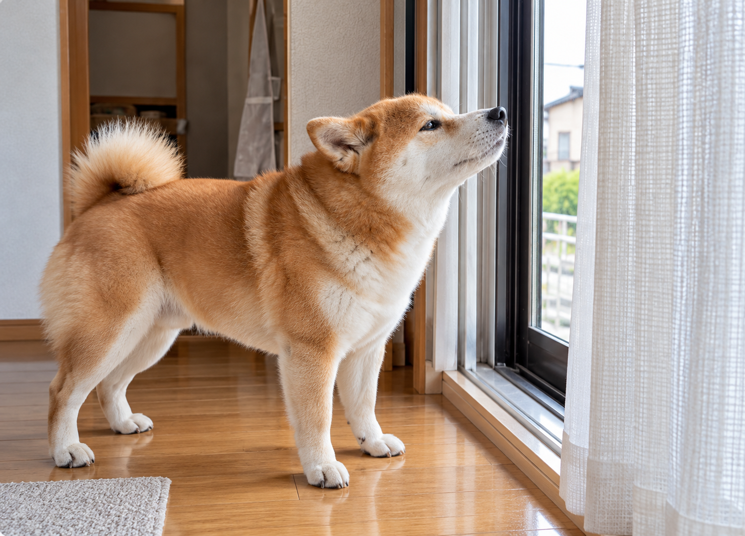 窓辺で外の匂いを感じ取ろうとする犬