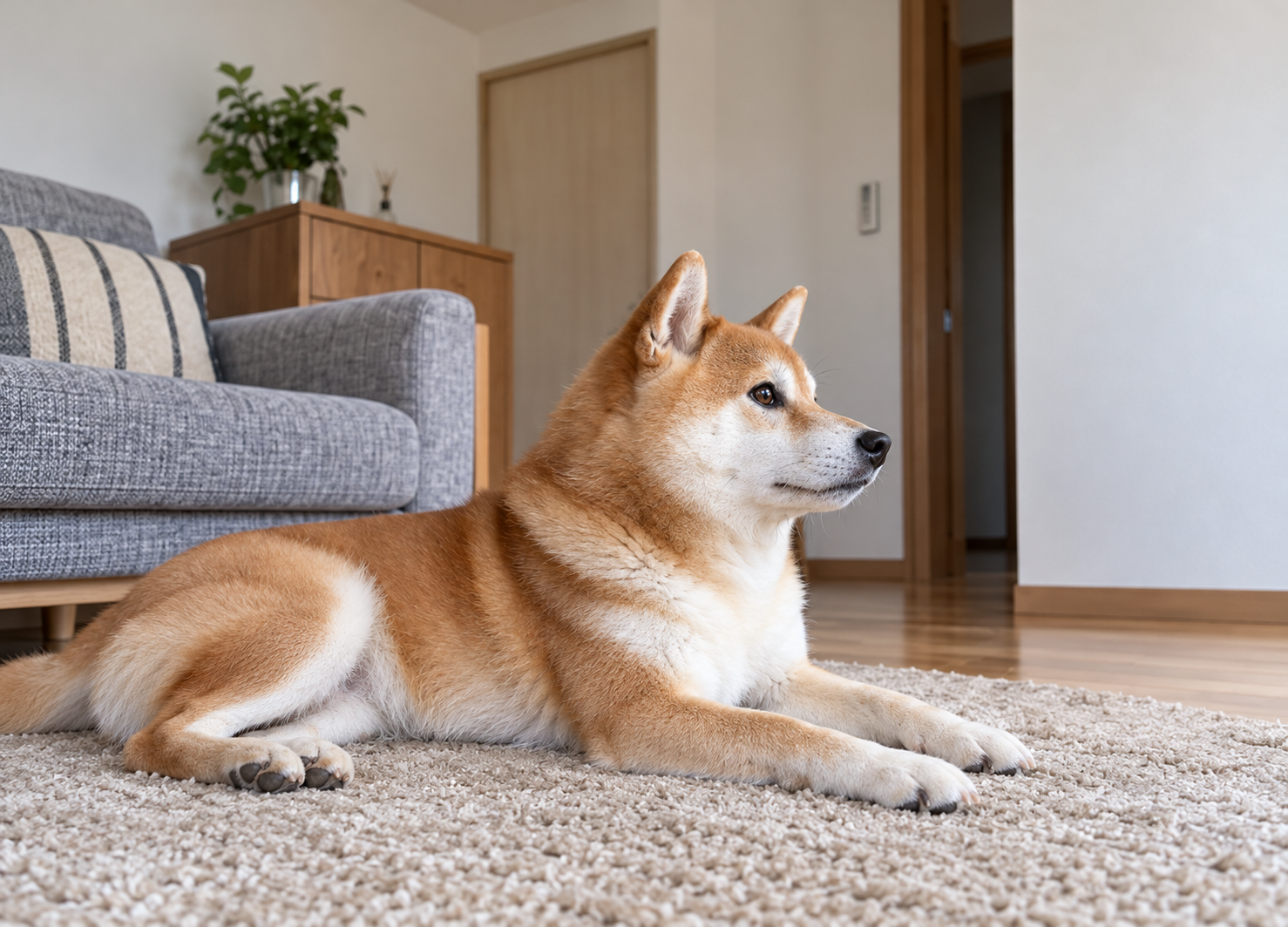 一点を見つめる愛犬の様子を心配して見守る飼い主
