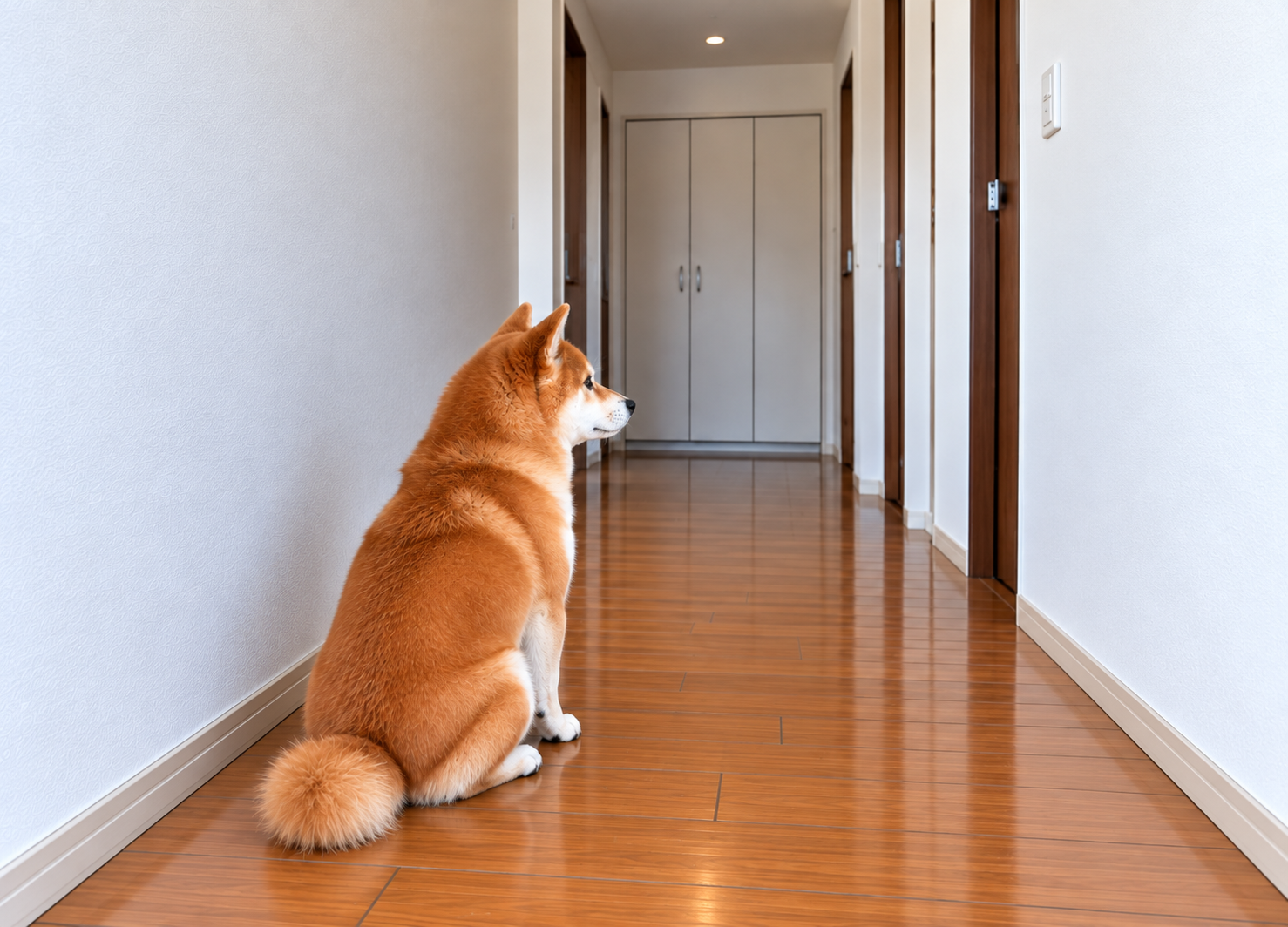 何もない壁の方向をじっと見つめる犬