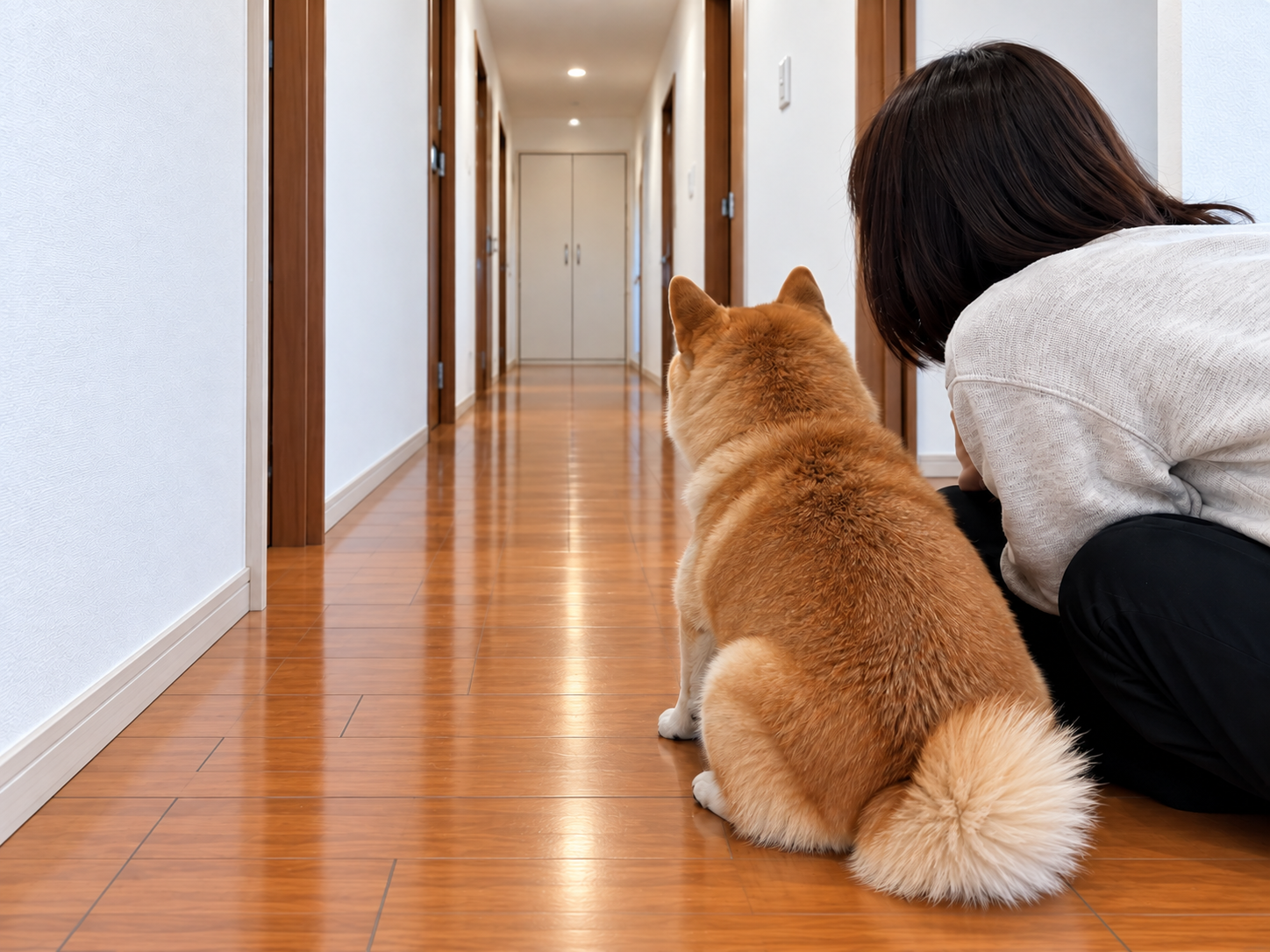 夜の静かな廊下を不思議そうに見つめる犬
