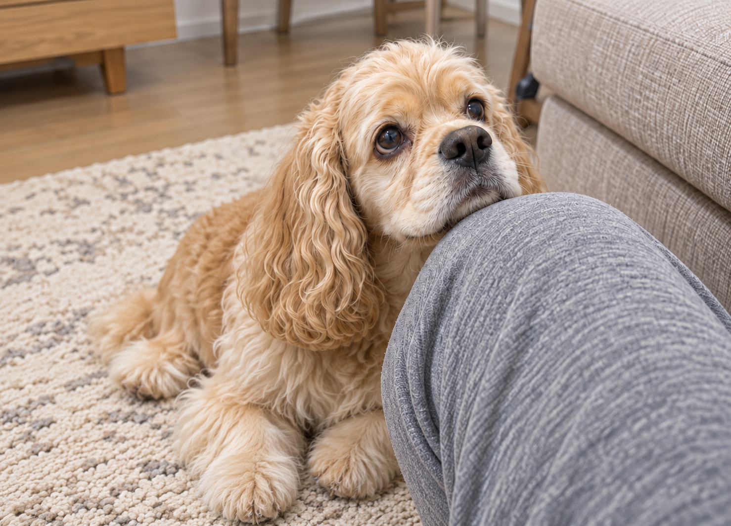 撫でるのをやめた飼い主の手に前足でそっと触れる犬