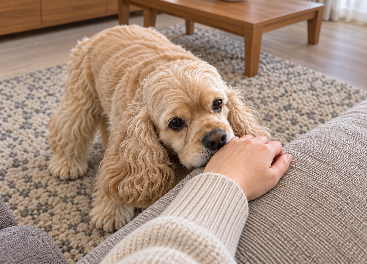 撫でる手を止めた飼い主に鼻先や前足で触れる犬