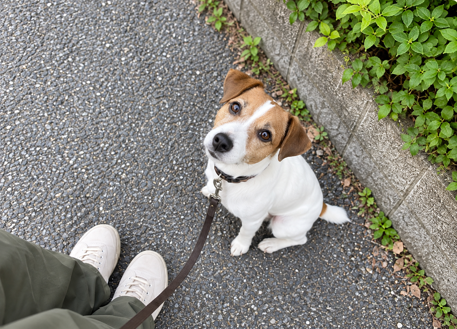 散歩中に振り返って飼い主の顔を見つめる犬