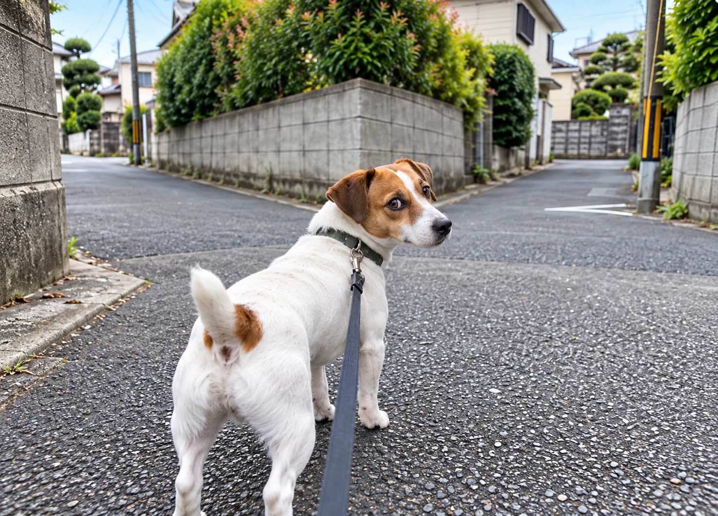 散歩道の曲がり角で飼い主を見上げて進む方向を確認する犬