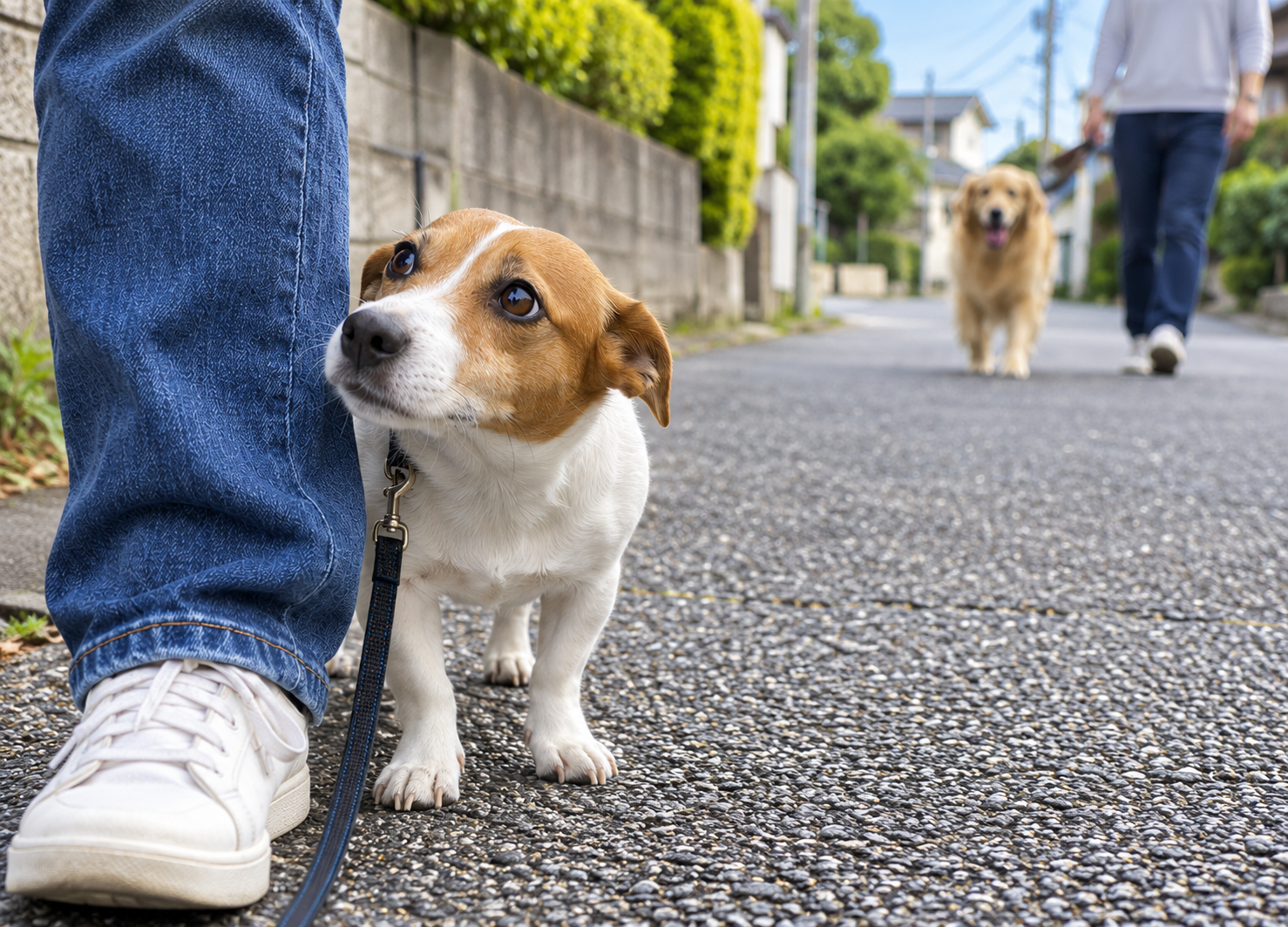 初めての散歩道で少し不安そうに飼い主の顔を見上げる犬