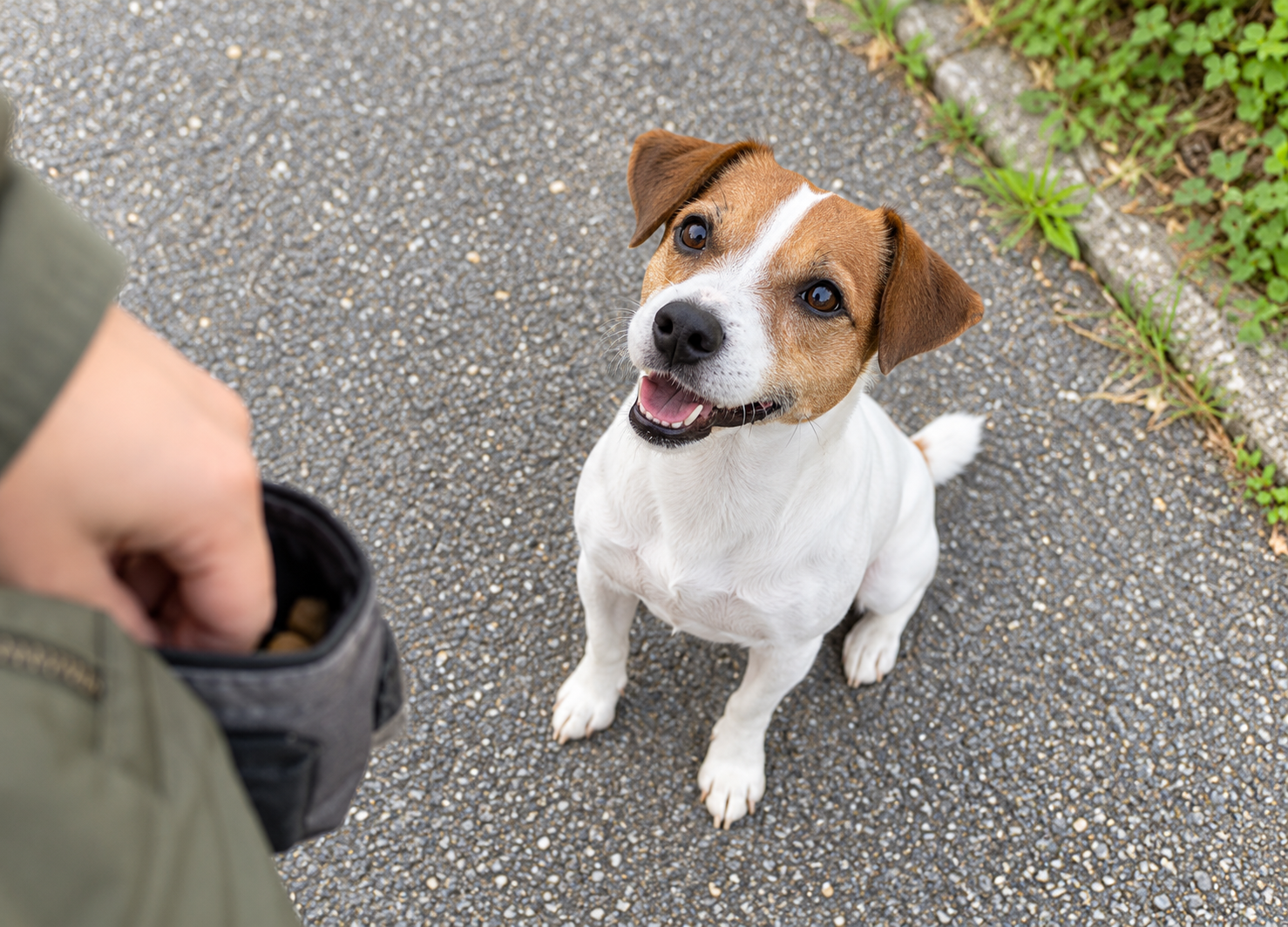 散歩中におやつを期待して飼い主の顔を見上げる犬