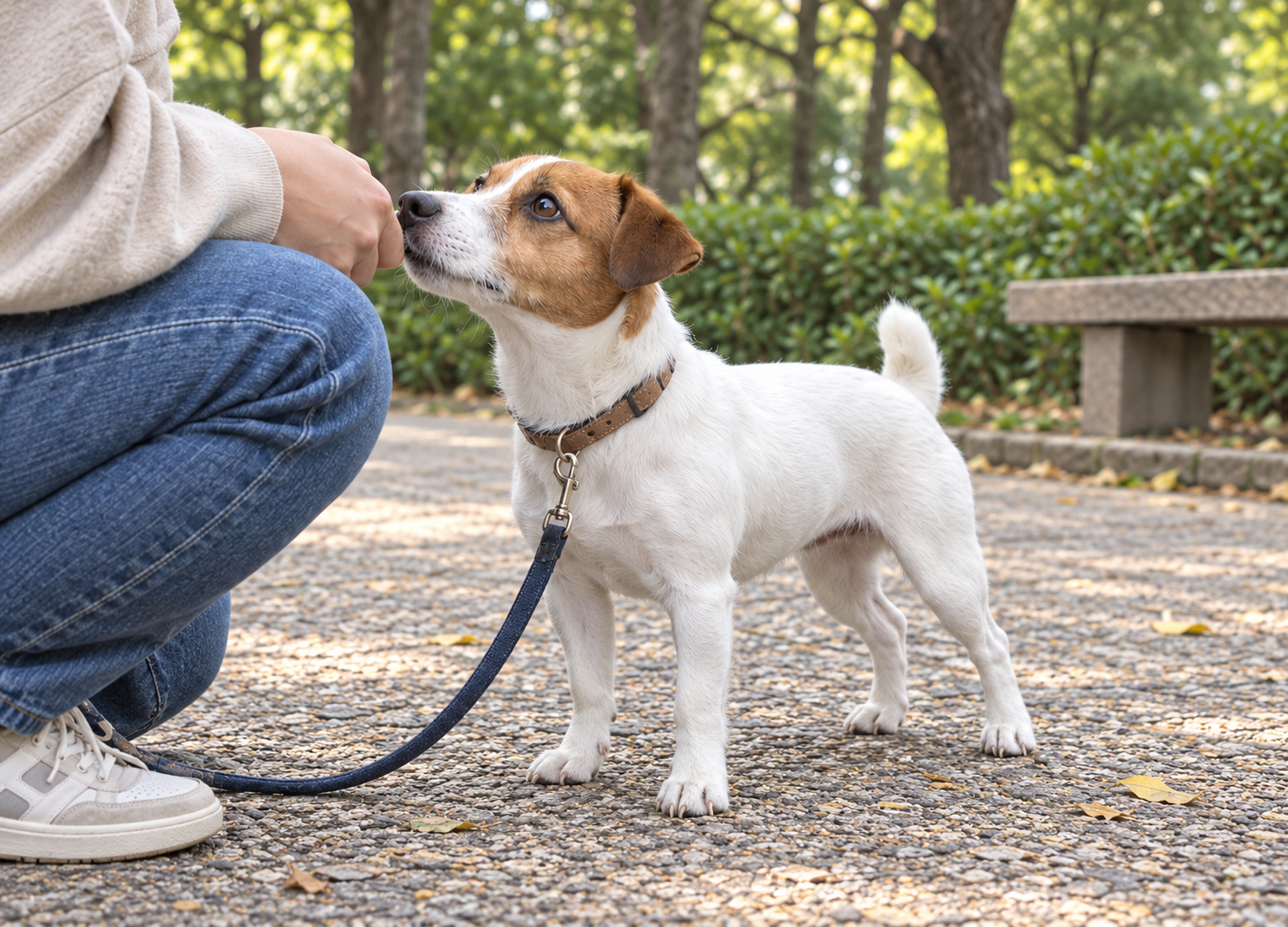 緑の散歩道で飼い主と目を合わせながら歩く犬