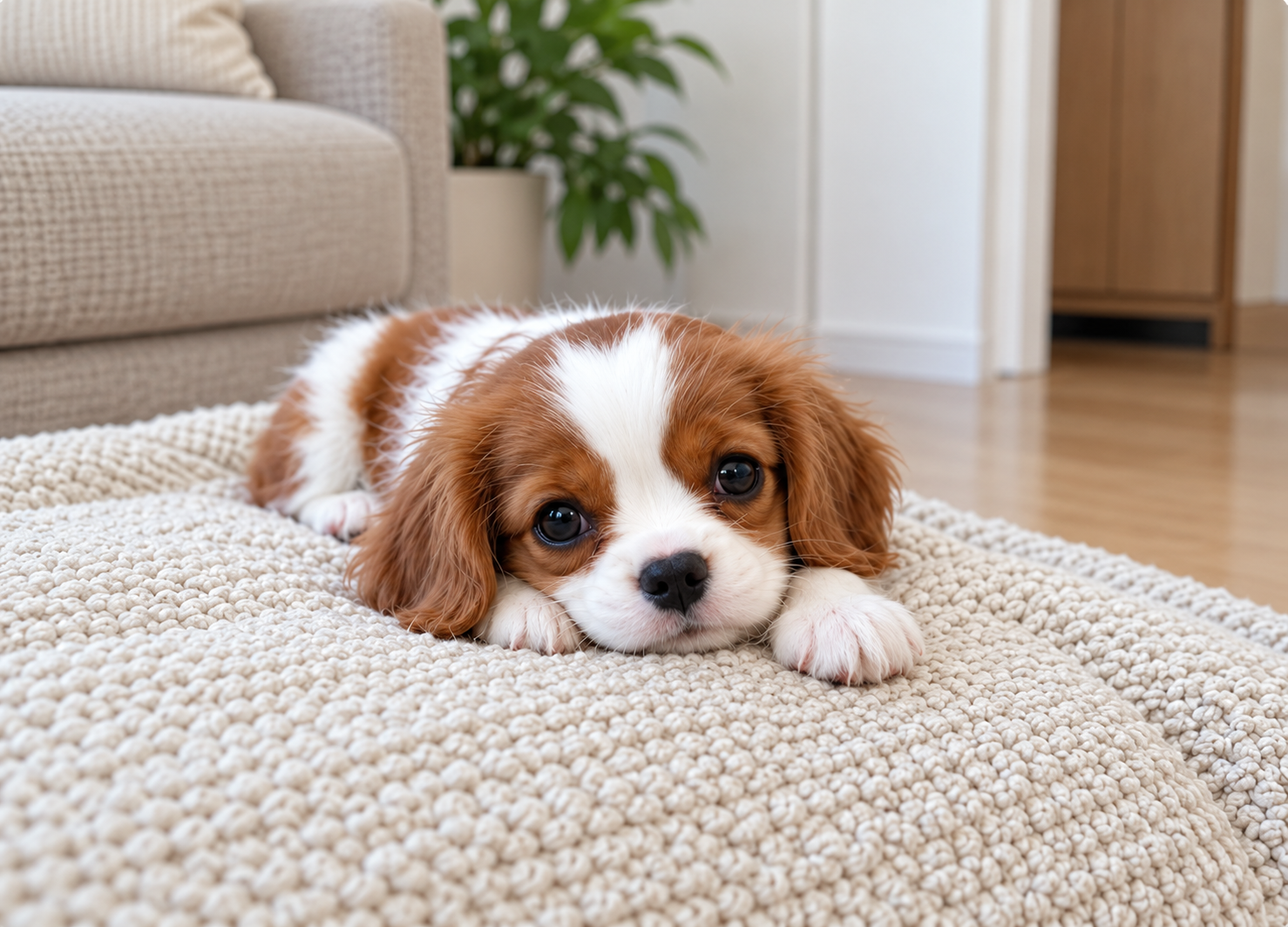 耳の飾り毛がまだ短いキャバリアの子犬と長い飾り毛を持つ成犬