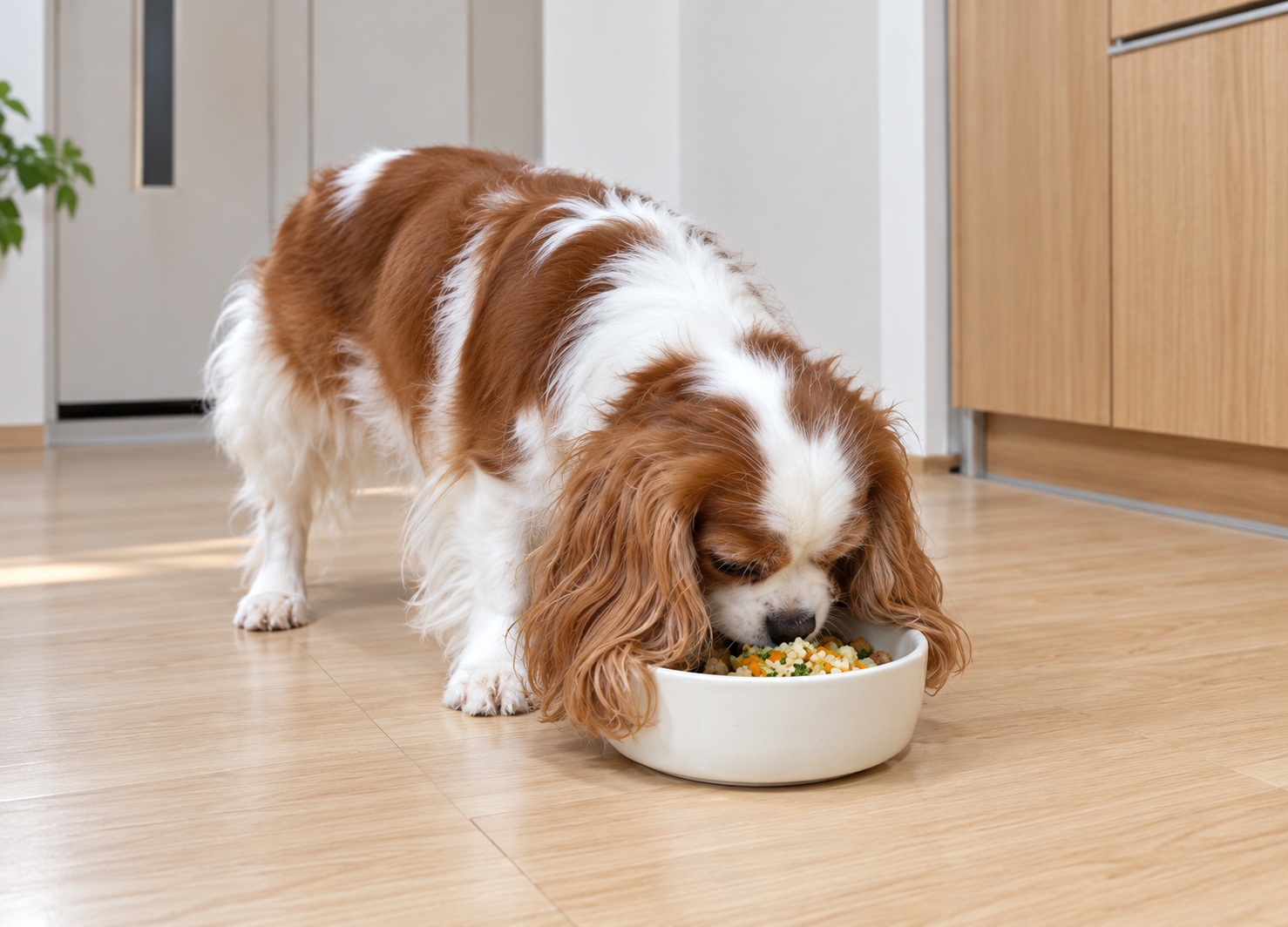 長い耳の飾り毛がお皿に触れそうになりながらごはんを食べるキャバリア