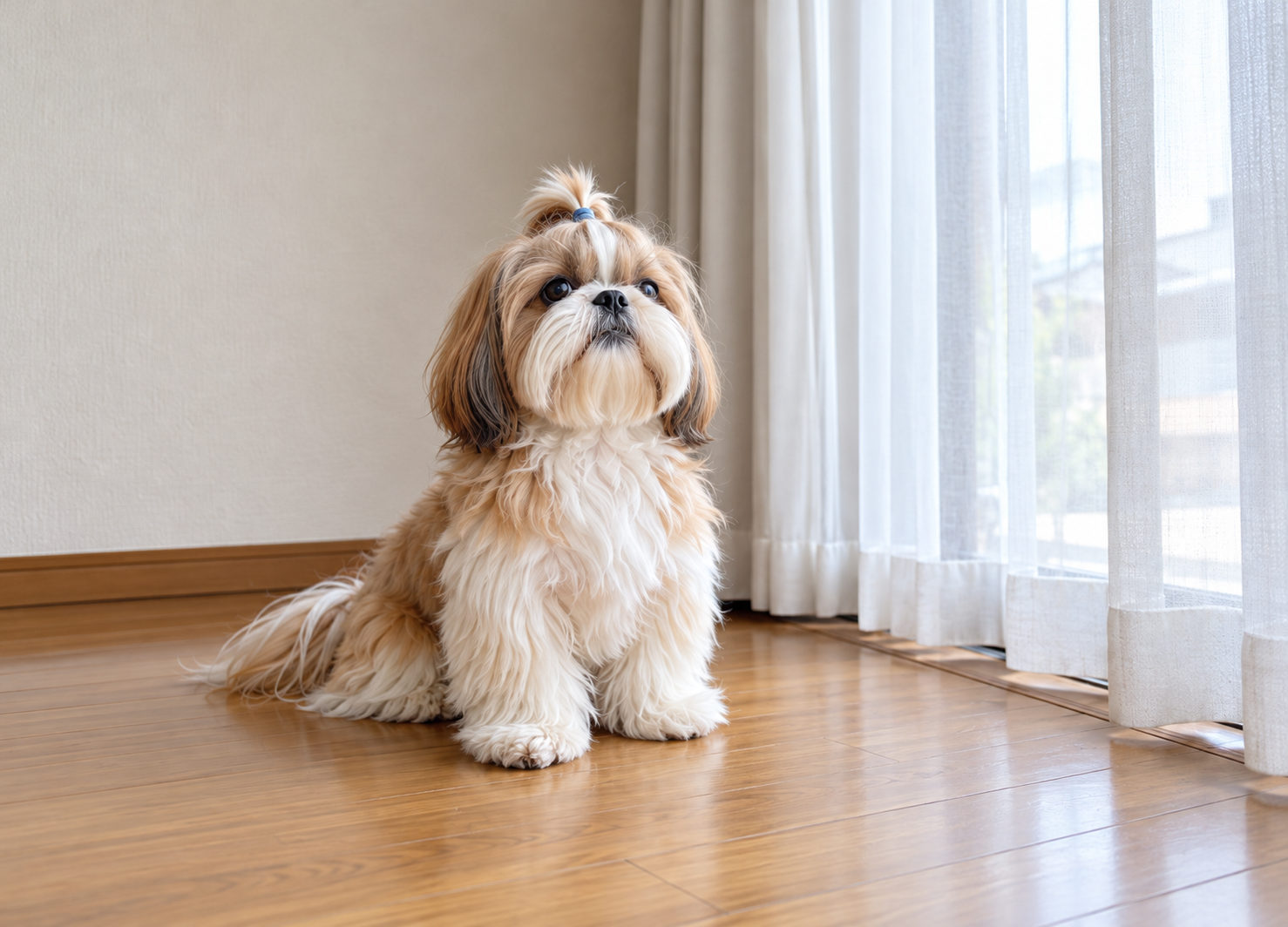 ふわふわの長い被毛と丸い顔が特徴的なシーズー